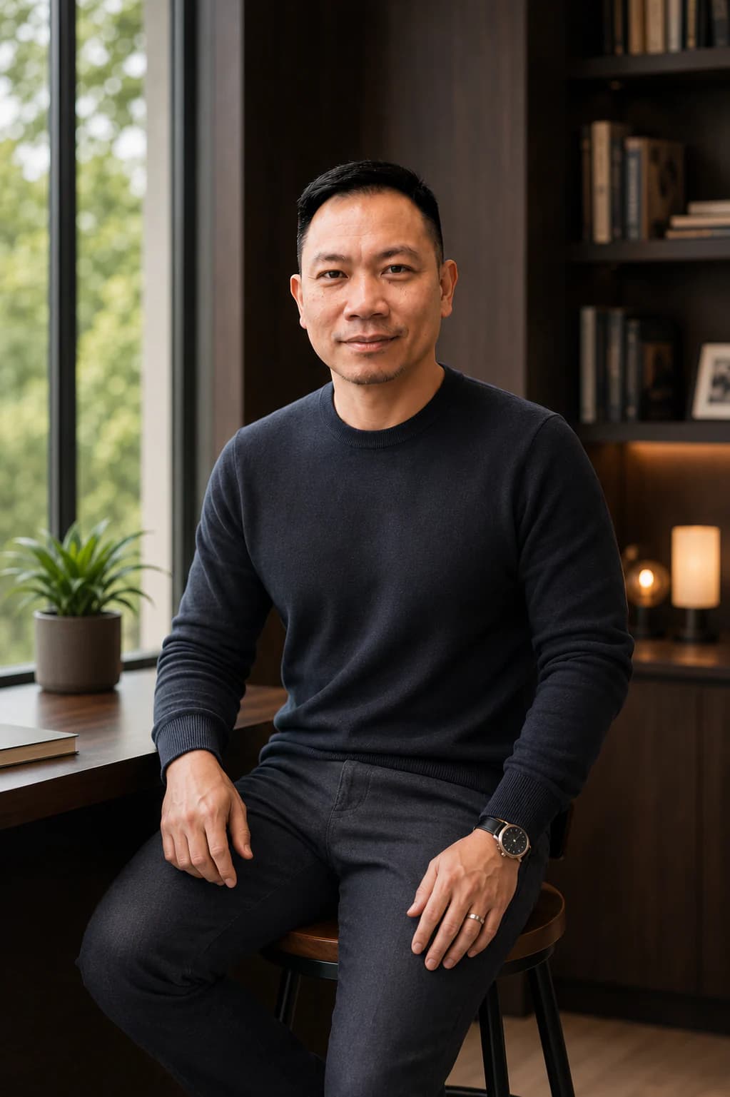 Roger Banat, educator and AI builder, seated beside a window in a modern study